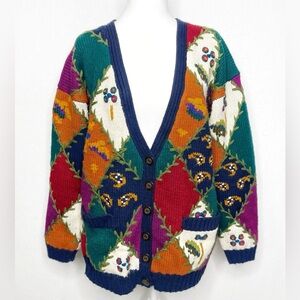 IVY Vintage 90’s Colorful V-Neck Button Front Knit Cardigan Sweater Plants Small